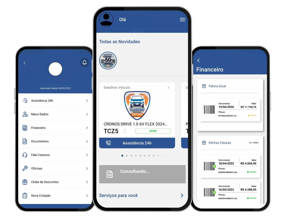 Telas do App Master Proteção — cotação, boletos e assistência 24h