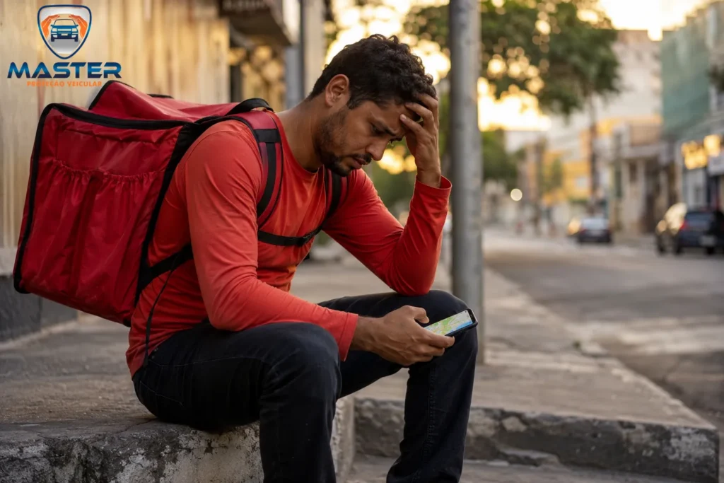Pessoa acompanhando pelo app de rastreamento e acionando a Master Proteção Veicular após furto de veículo em BH